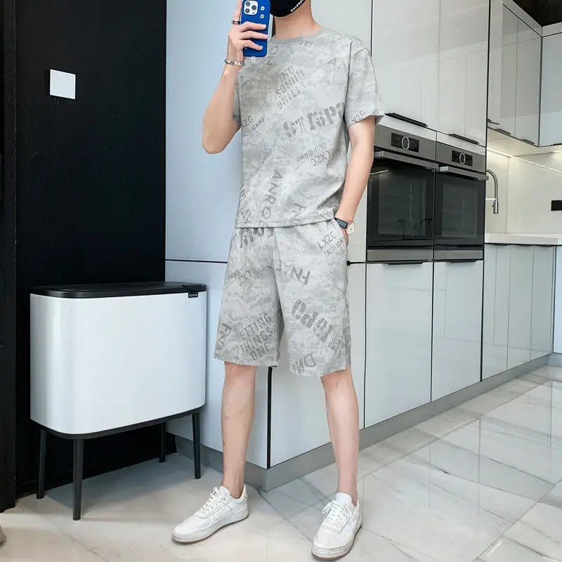 High-Quality Ice Silk Short Sleeve Suit Men's Casual Sportswear Printed T-Shirt Summer Thin Style Trend Two-Piece Set