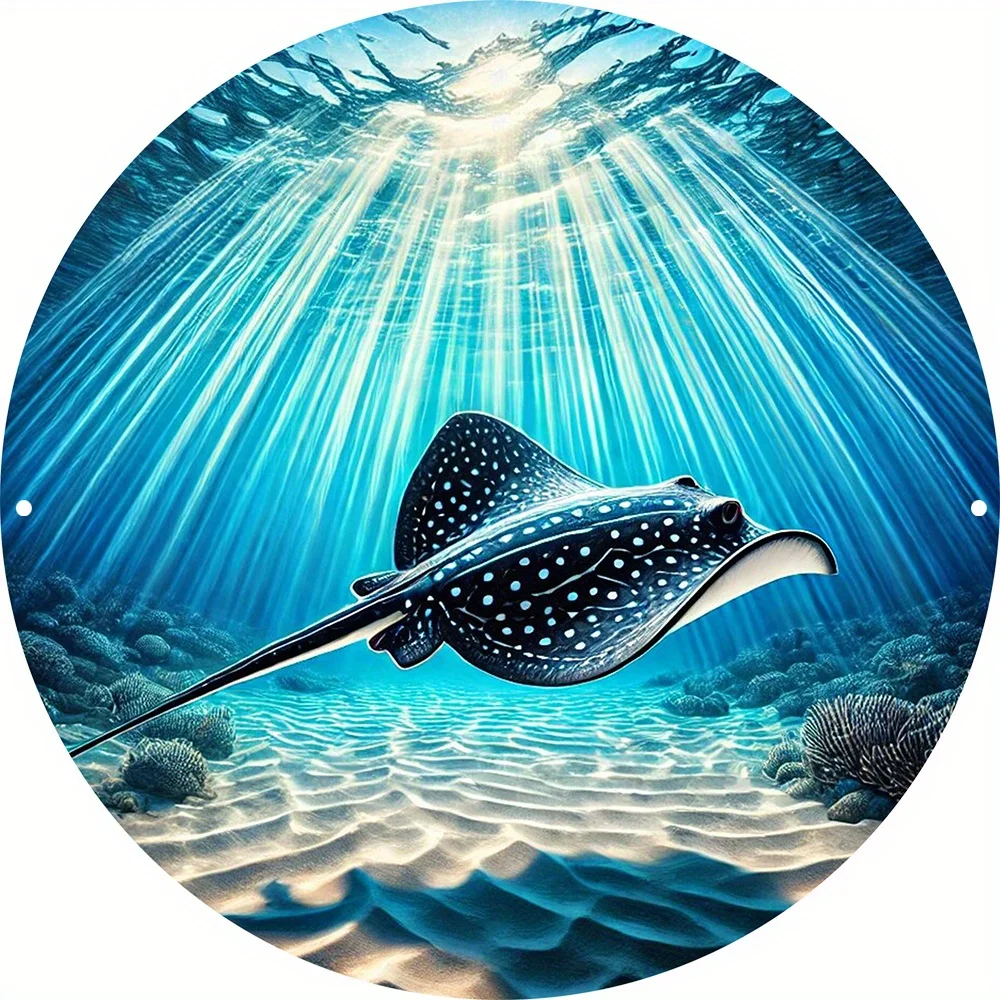 2D Flat, 1pc 2D Flat print Metal iron sign Stingray Ocean Scene Round Wall Art, High-Resolution HD Print with Fine Detail, Durab