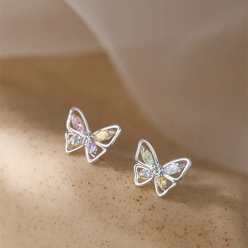 925 Sterling Silver Light Luxury Simple Niche Feeling Multicolored Zircon Butterfly Small Women's Stud Earrings