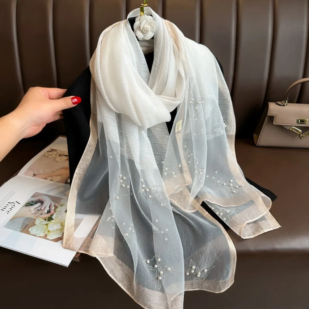 

Fashion Rhinestone Luxury Silk Scarf Pearl Soft Butterfly Hijab Shawls Foulard Wraps Shiny Lace Scarf Headkerchief