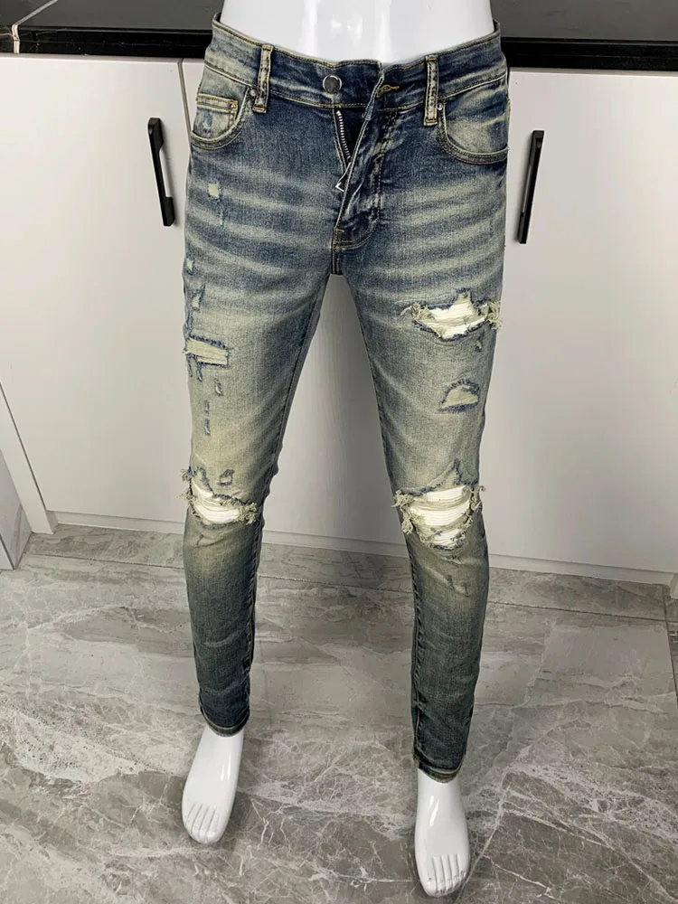 

Мужские джинсы Slim Fit с эластичной тканью, прямые, длинные, винтажные, с эффектом потертости, с нашивками в стиле мотоциклетных нашивок, модные, в городском стиле