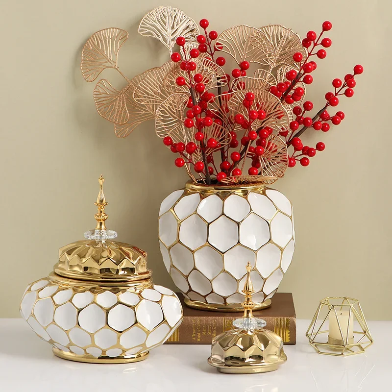 Ceramic Vase Porcelain Ginger Jar Gold Check Irregular Handicraft Storage Tank Flower Vase Home Decoration Accessories