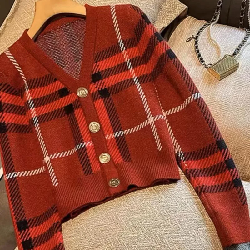 Otoño Invierno moda Vintage cuello pico lana tejido Cardigan elástico Slim suéteres ropa de mujer Tops a rayas