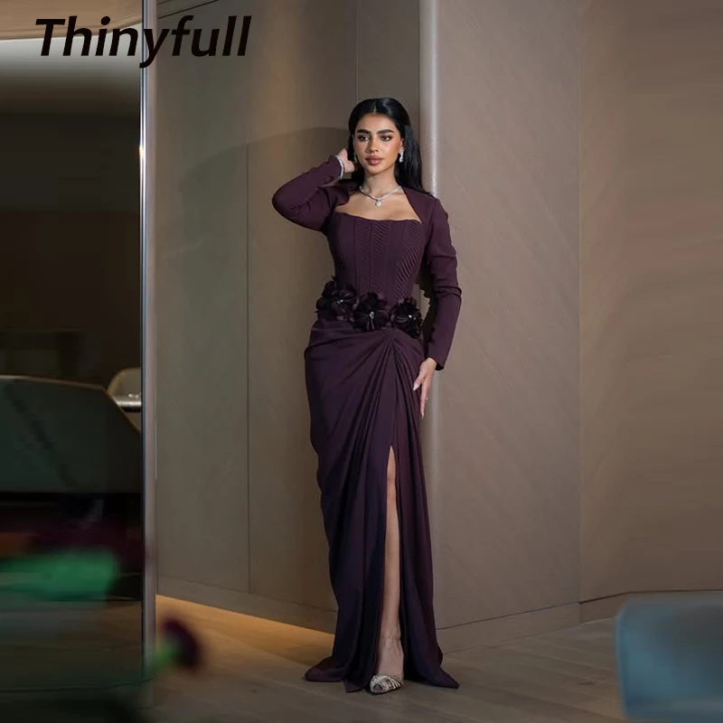

Thinyfull Mermaid Satin Arab Prom Dresses Full Sleeves Evening Party Gown Split Dubai Long Special Occasion Dress Customized