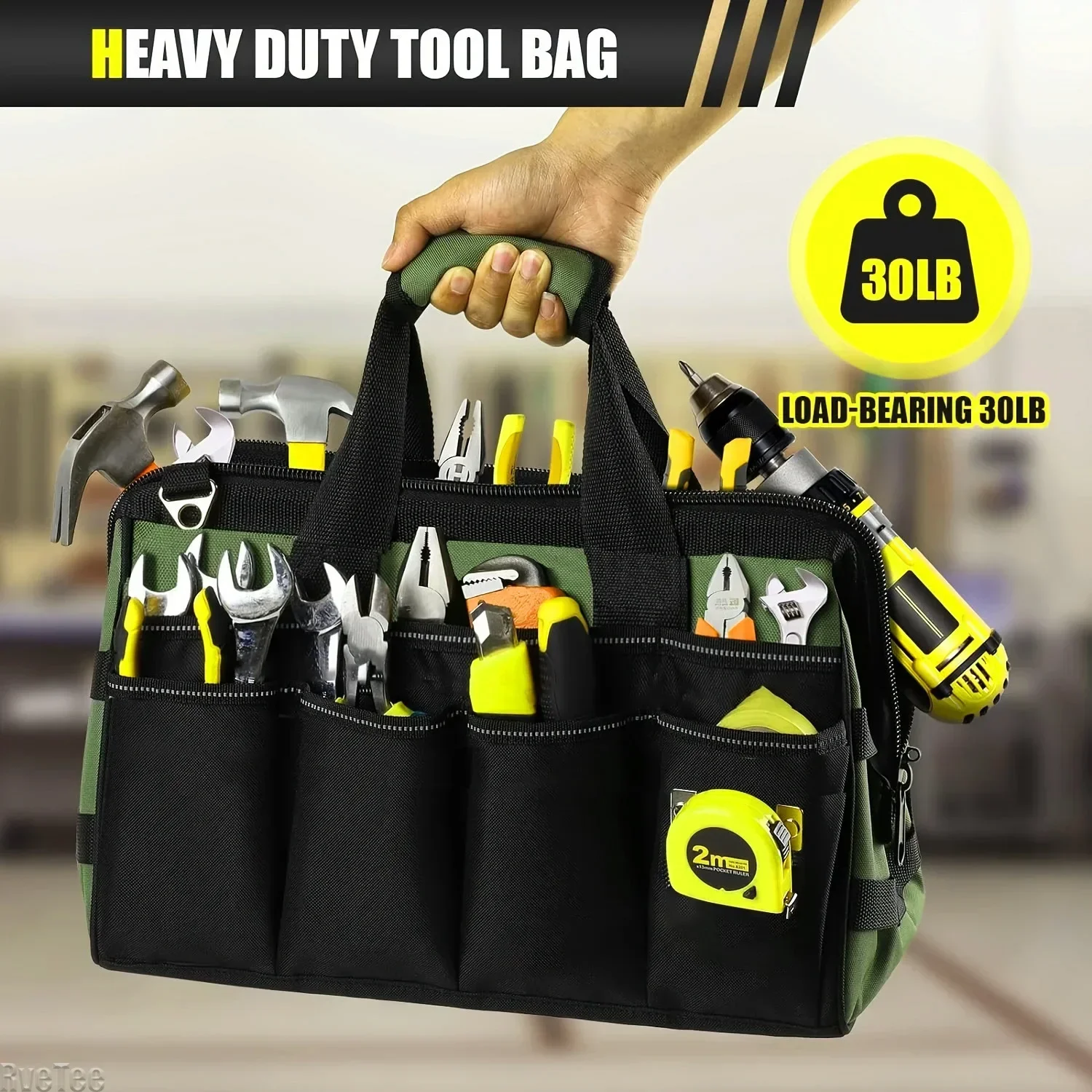 15Inch Heavy Duty Tool Bag with 16Pockets and Adjustable Shoulder Strap Large Zipper Tactical Carry Tote Toolbox for Electrician