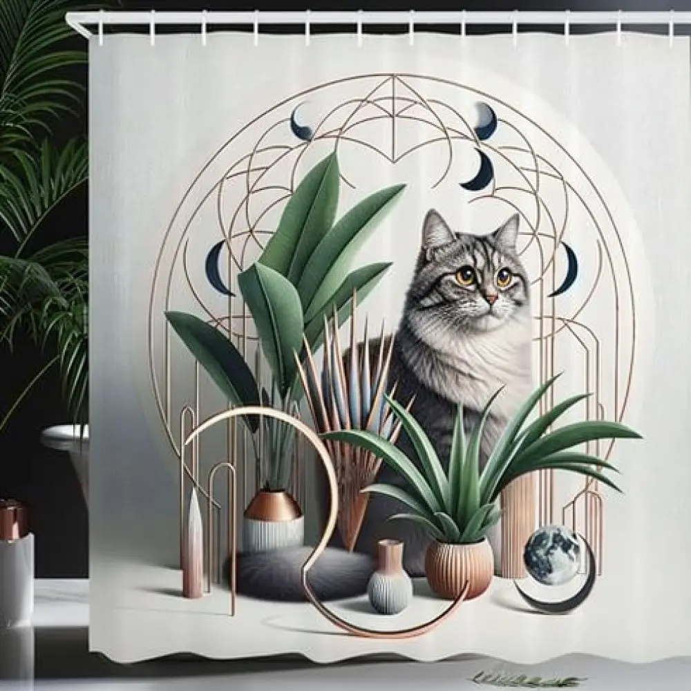 Modern Cartoon Cat Shower Curtain Polyester Fabric Bath Decorative Drapes Waterproof Bathroom Privacy Divider Shield
