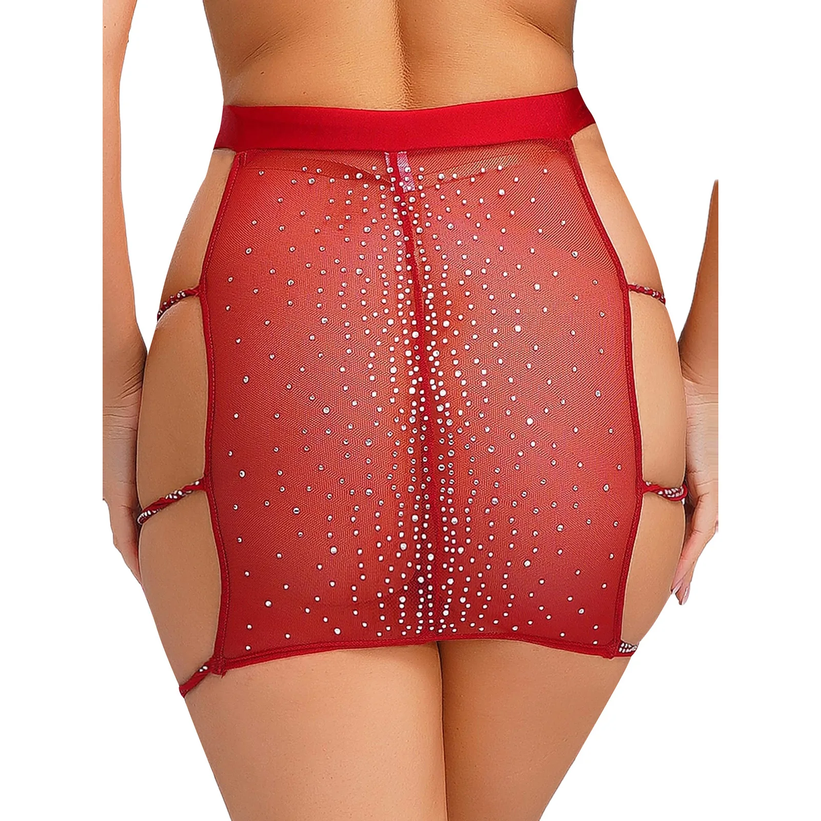Minifalda transparente de malla transparente con diamantes de imitación brillantes para mujer, falda de fiesta ajustada con cintura elástica y abertura lateral