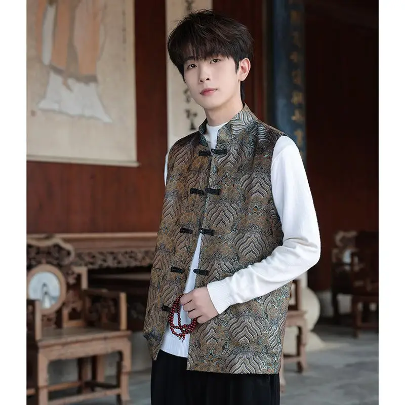 Retro New Chinese Men Sleeveless Vest Water Wave Jacquard Waistcoat Mandarin Collar Frog Button Casual Tang Suit Outer Coat