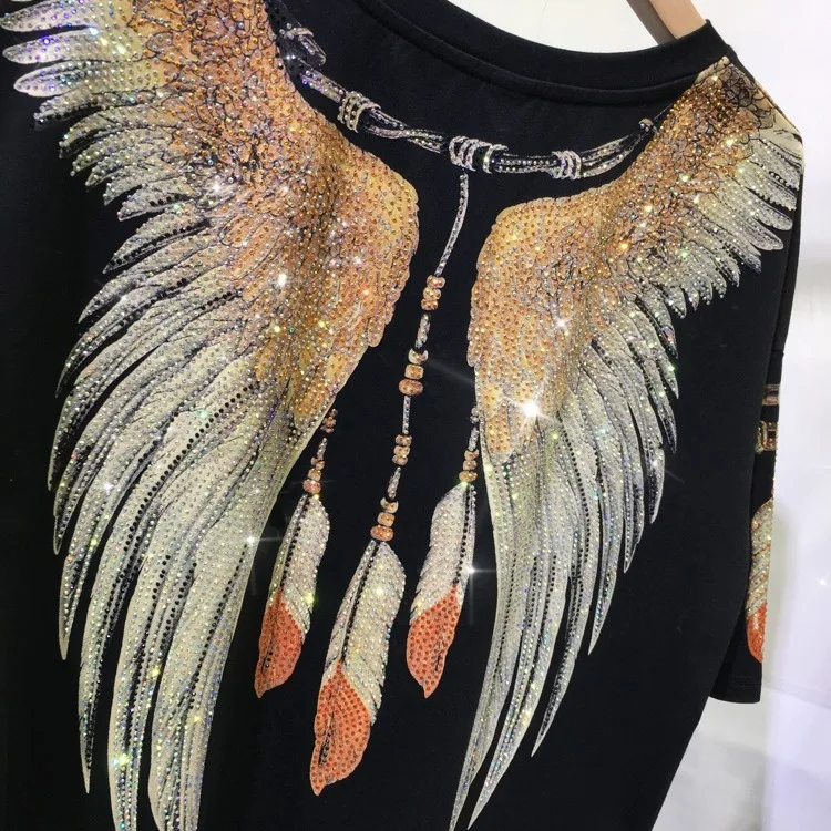 L-4XL Big Size Print Both Side Eagle Rhinestones Top Oversize T-shirts Women Loose Short Sleeve Hip Hop Graphic T Shirts Lady