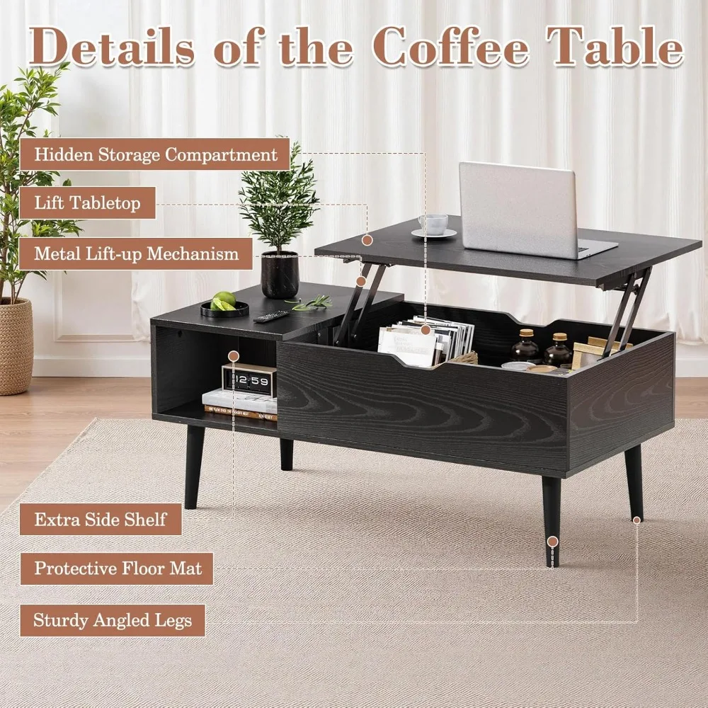 Wood Lift Top Coffee Table with Hidden Compartment and Large Storage Shelf, Lift Tabletop Dining Center Table for Home Living R
