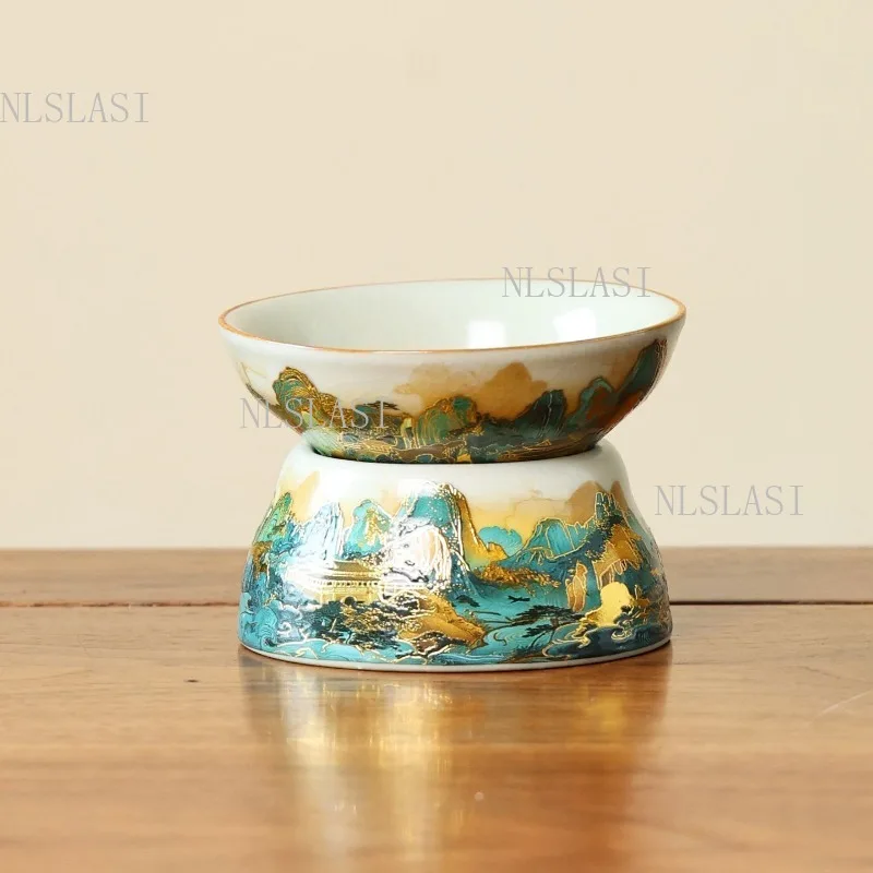 Chinese Vintage Enamel Ceramic Tea Strainer with High-footed Bas Landscape Pattern Kung Fu Tea Filter Tea Ceremony Accessories