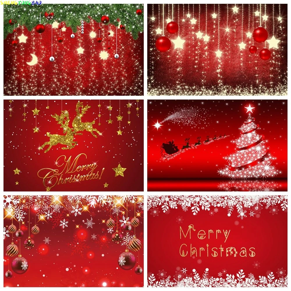 Red Christmas Backdrop Glitter Spots Snowflake Bells Reindeer Xmas Party New Year Holiday Photography Background Decor Banner