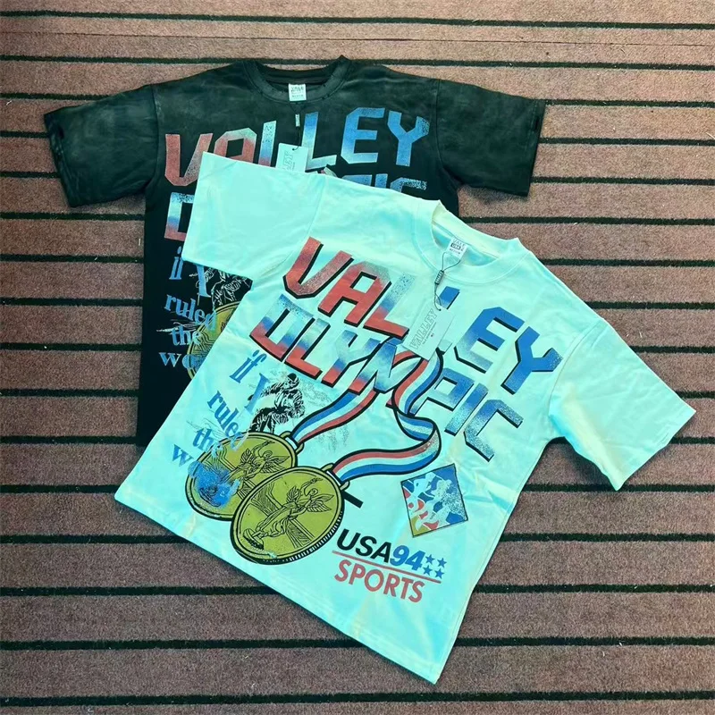 تي شيرت VALLEY Gold Medal Printing بأكمام قصيرة للرجال والنساء 1:1 أفضل جودة من القطن الخالص باللون الأسود #1