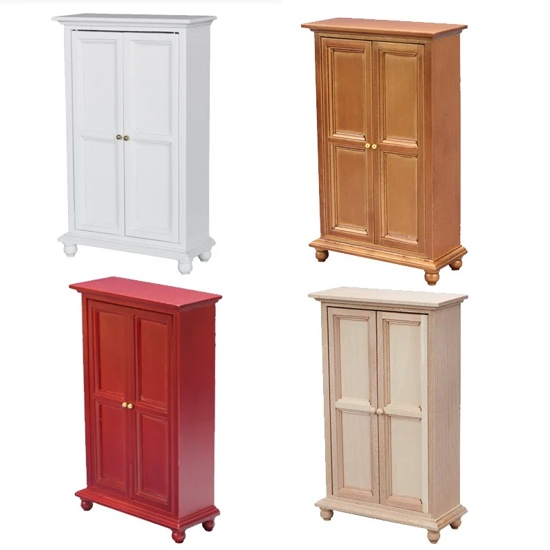 1:12 Miniatuur Meubilair Slaapkamer Micro Scène Poppenhuis Retro Rechtop Kast Dubbele deur Garderobe Poppenhuis Accessoires Speelgoed