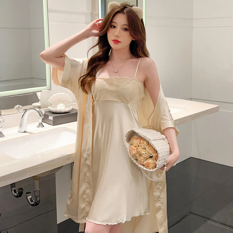 2PCS Silk Satin Sexy Lace Lingerie Nightgowns Robes Sets For Women Korean Cute Sleepwear Suit Nightdress Night Dress Home Nighty