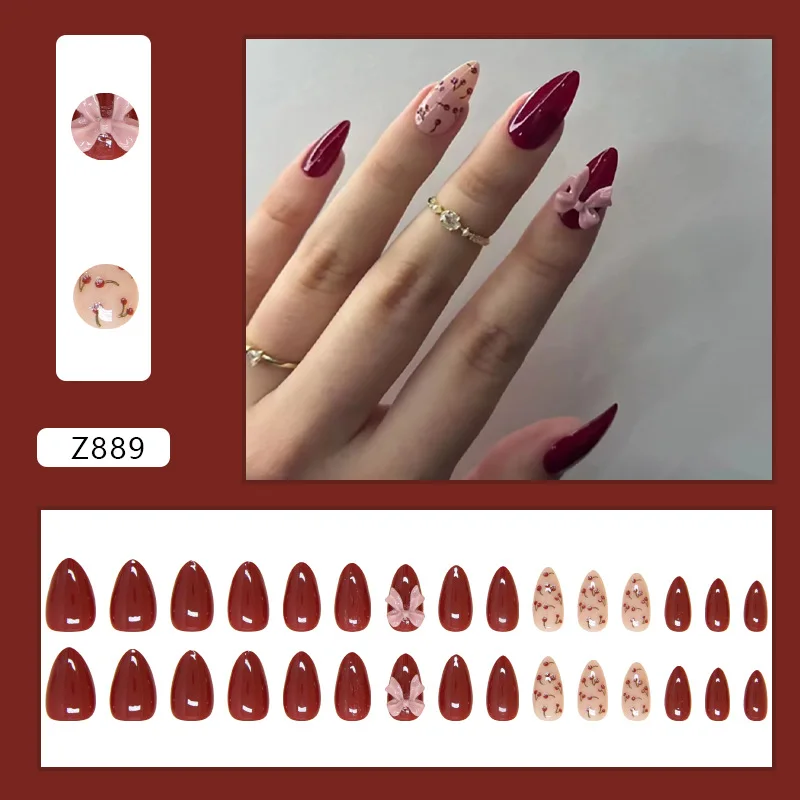 24pcs Solid Color Cherry Bow Fake Nails with Design Red Almond  Press on Nails Girls Medium Long Decorated False Nails Acyrlic