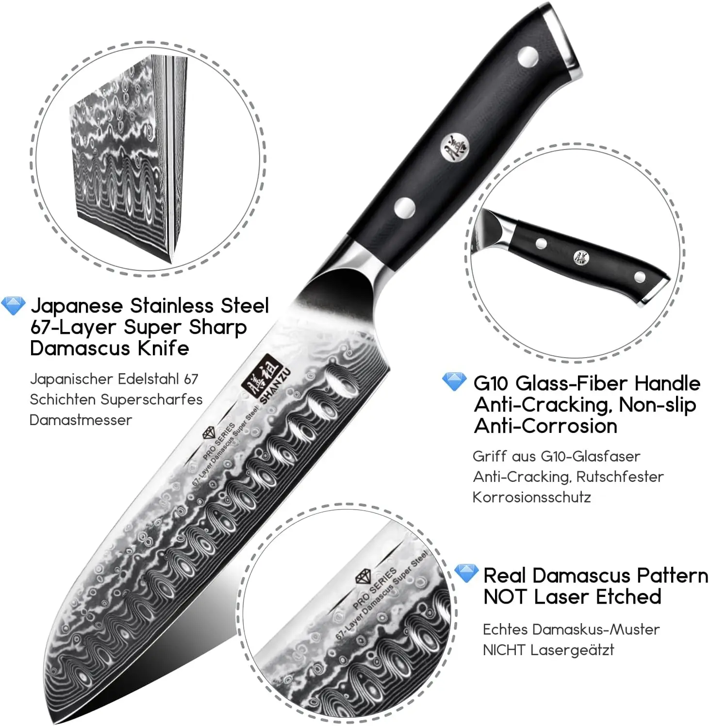 SHANZU Santoku Kitchen Knives, Damascus Stainless Steel, Ergonomic Fiberglass, G10 Handle, Best Sharp High-Carbon Knives, 7