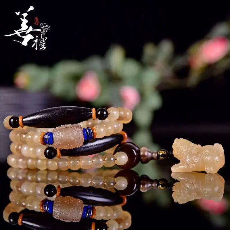 

Браслет-цепочка с подвеской Пи Сю из овечьего рога, ожерелье из 108 тибетских буддийских бусин