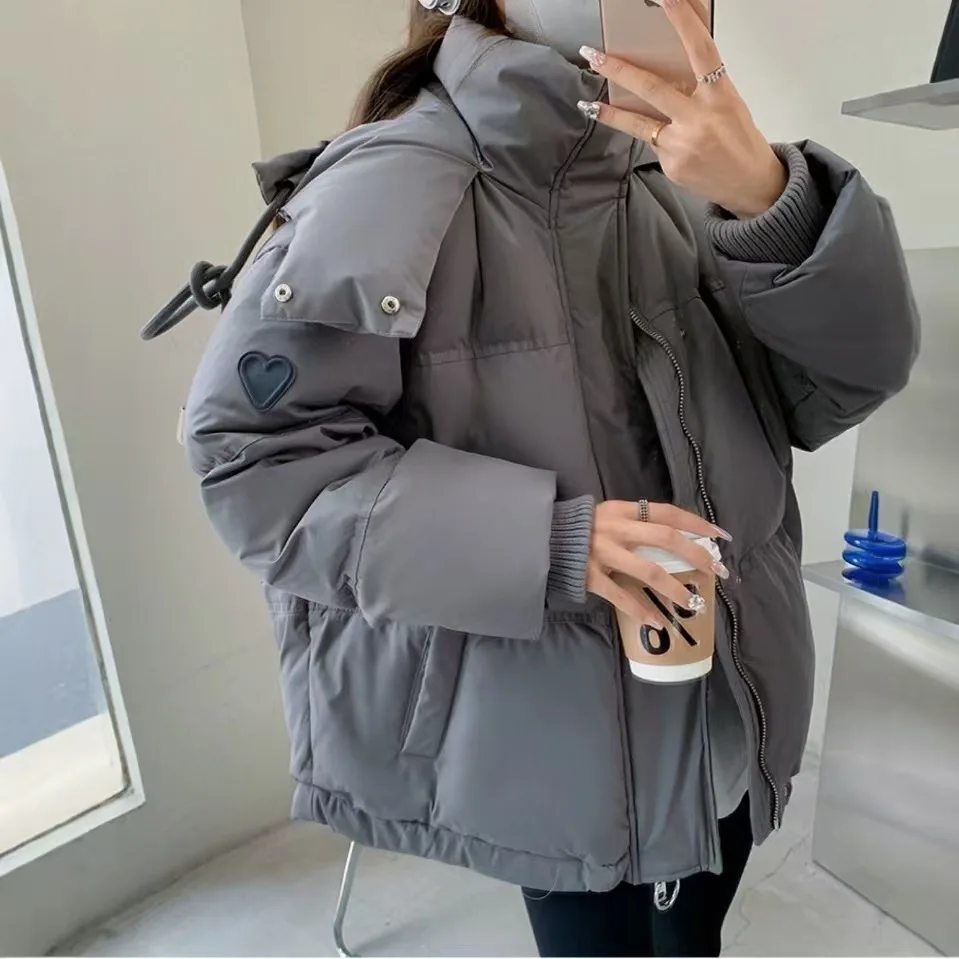 

Gray Embroidered Hooded Thickened Cotton Jacket For Women Korean Loose Winter Retro Loose Casual Versatile Trendy Cotton Jacket