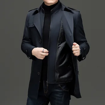 Men's Detachable-Liner Double-Breasted Trench Coat 4 Autumn Winter Liner Detachable Men's Trench Coats Fashion Smart Casual Double Breasted Turn Down Collar Warm Long Outerwear Men 4