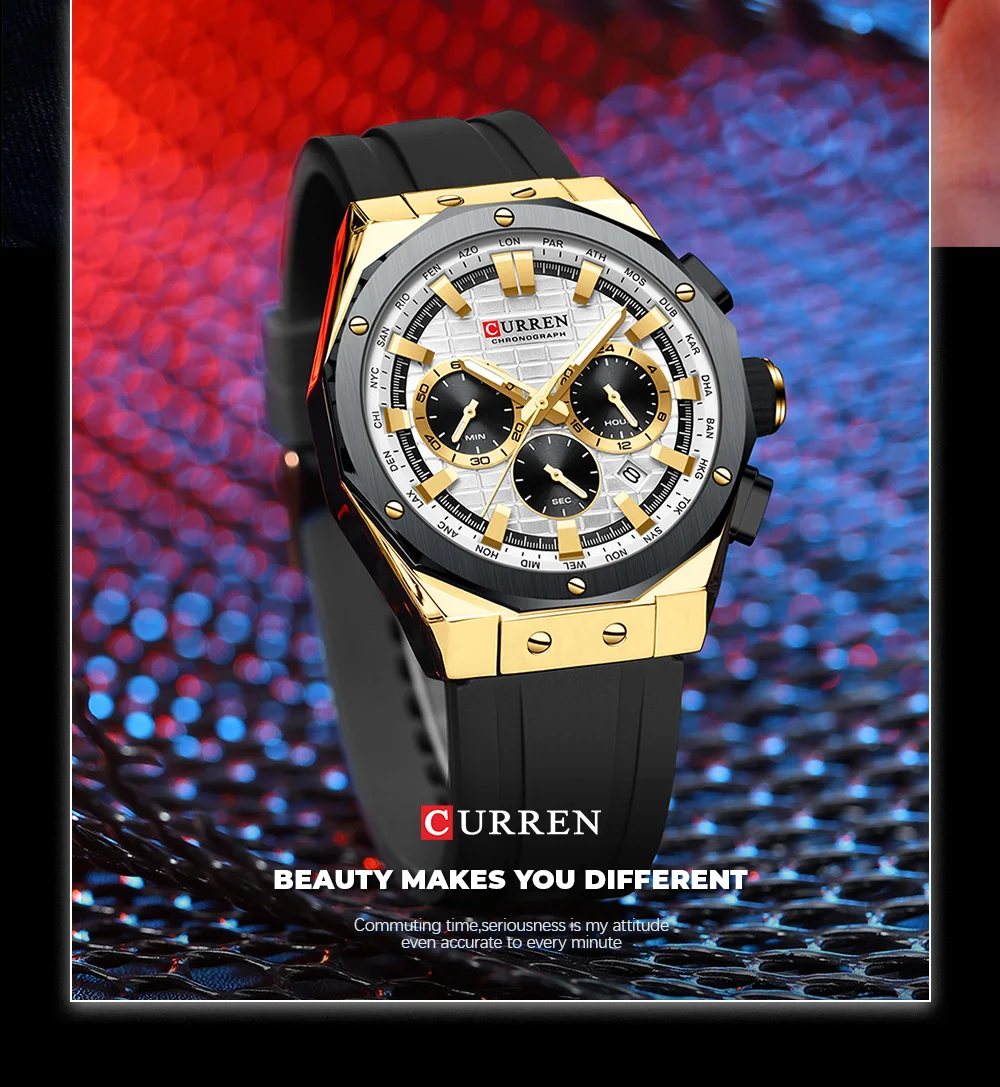 CURREN Luxusmarke Hochwertige Chronograph-Leuchtuhren für Herren mit Silikonarmband, Lässige Sportliche Wasserdichte Quarz-Armbanduhr – Detail 17