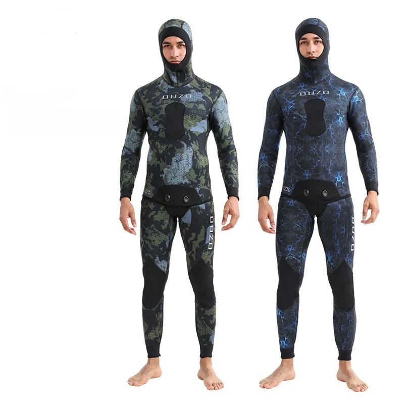 3MM Men Neoprene Wetsuit with Hooded Super Stretch, 2 Pieces Camouflage Hunting Diving Suit for Cool Water Freediving Snorkeling