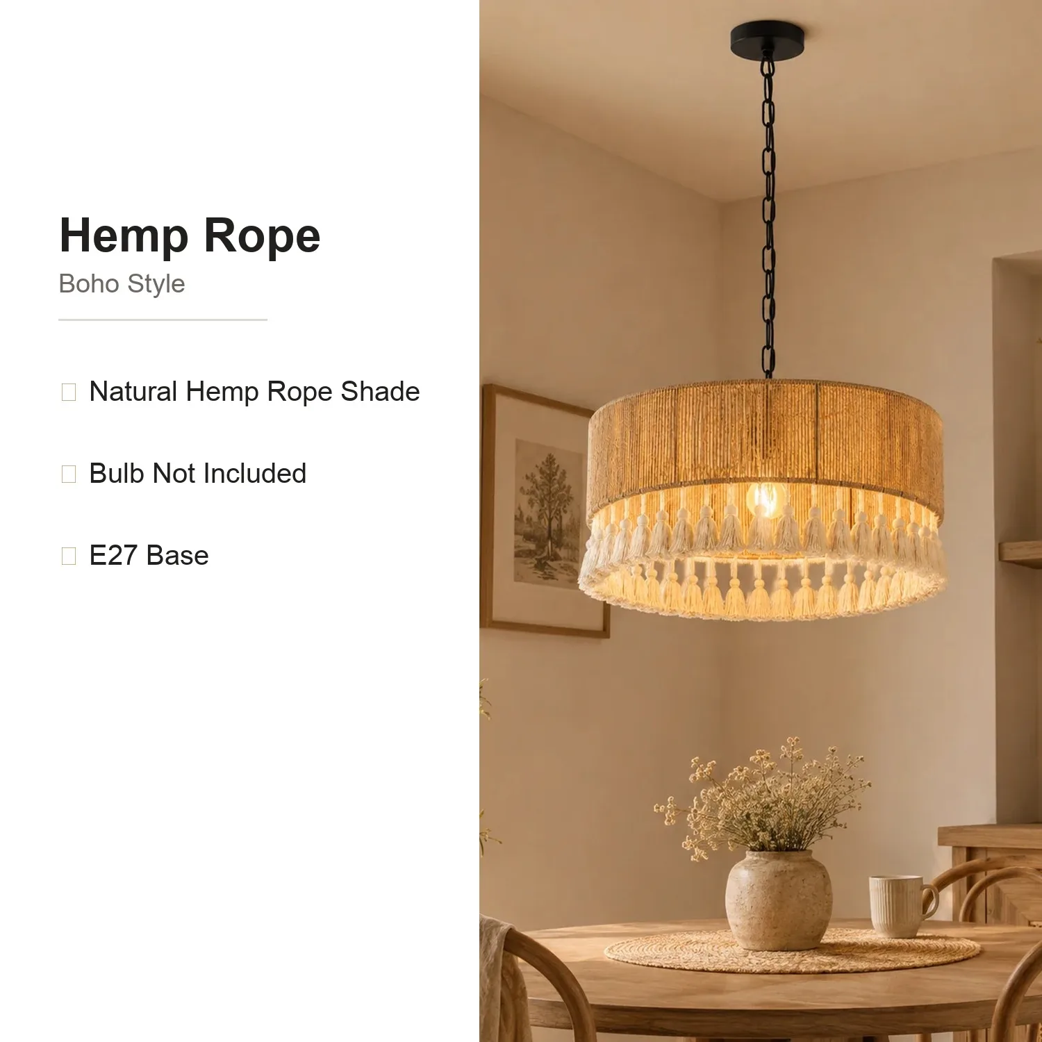 Boho 50CM Hemp Rope Chandelier Pendant Light E27 for Dining Room Handmade Wicker Lampshade Boho Hanging Light Fixture Fringe