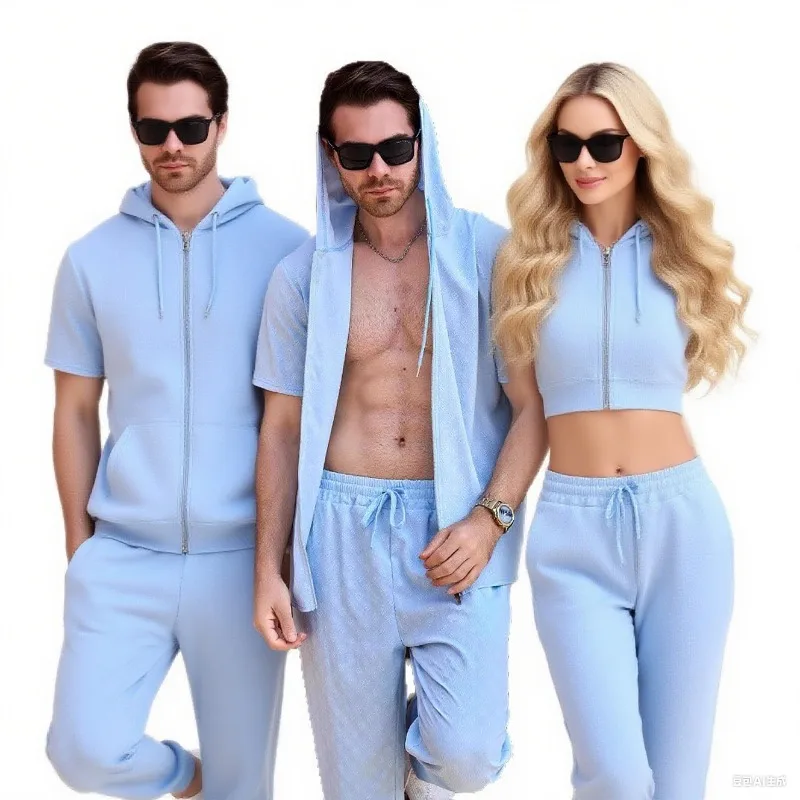 

Men's Jacquard Hoodie Short Sleeve Set 2025 Summer Matching Outfits Zip Up Jacket+Pants 2 Piece