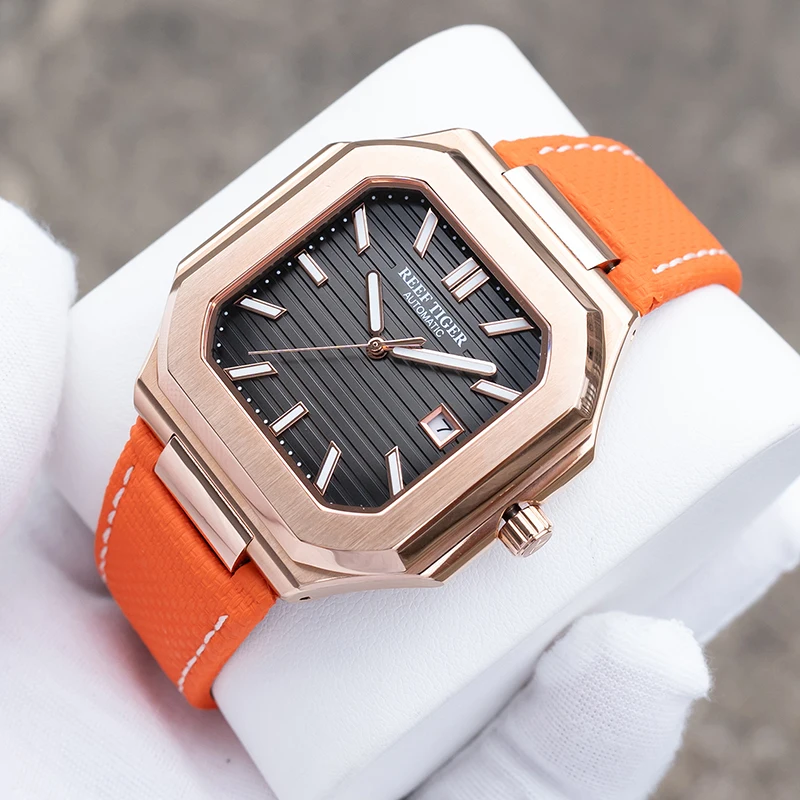 Męski zegarek automatyczny Reef Tiger, 44 mm, kwadratowy, mechaniczny, wodoszczelny do 5 ATM, luminescencyjny, szafirowe szkło, datownik.