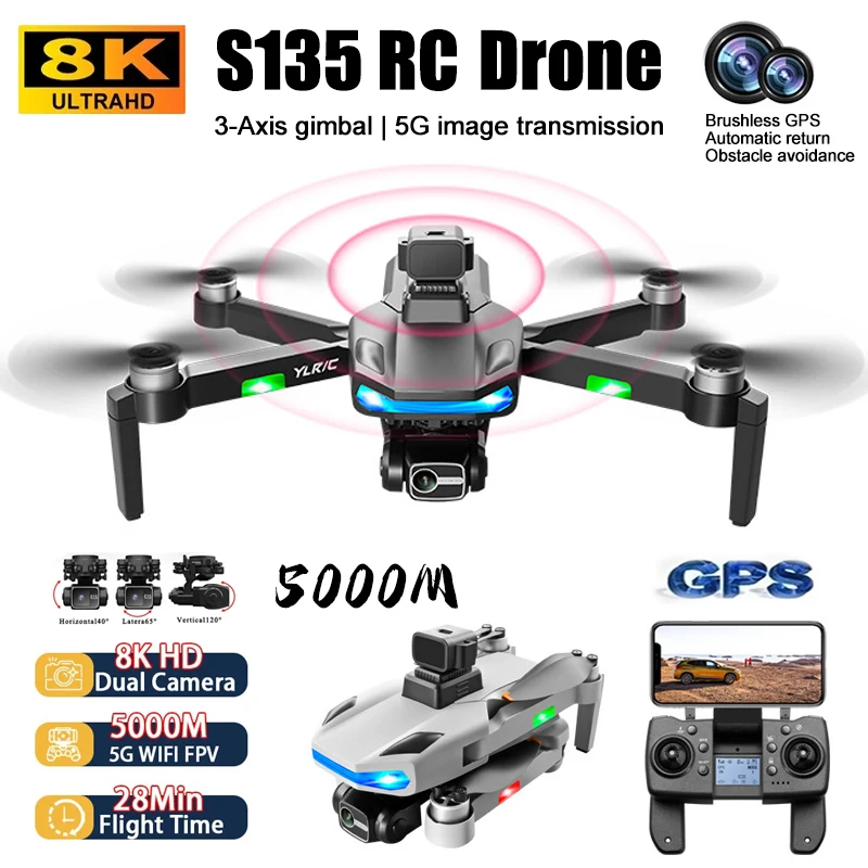 Nowy dron S135 Professions 8K Podwójna kamera 3-osiowy gimbal 5G FPV GPS Powrót Bezszczotkowy silnik Laserowe unikanie przeszkód RC Quadcopter