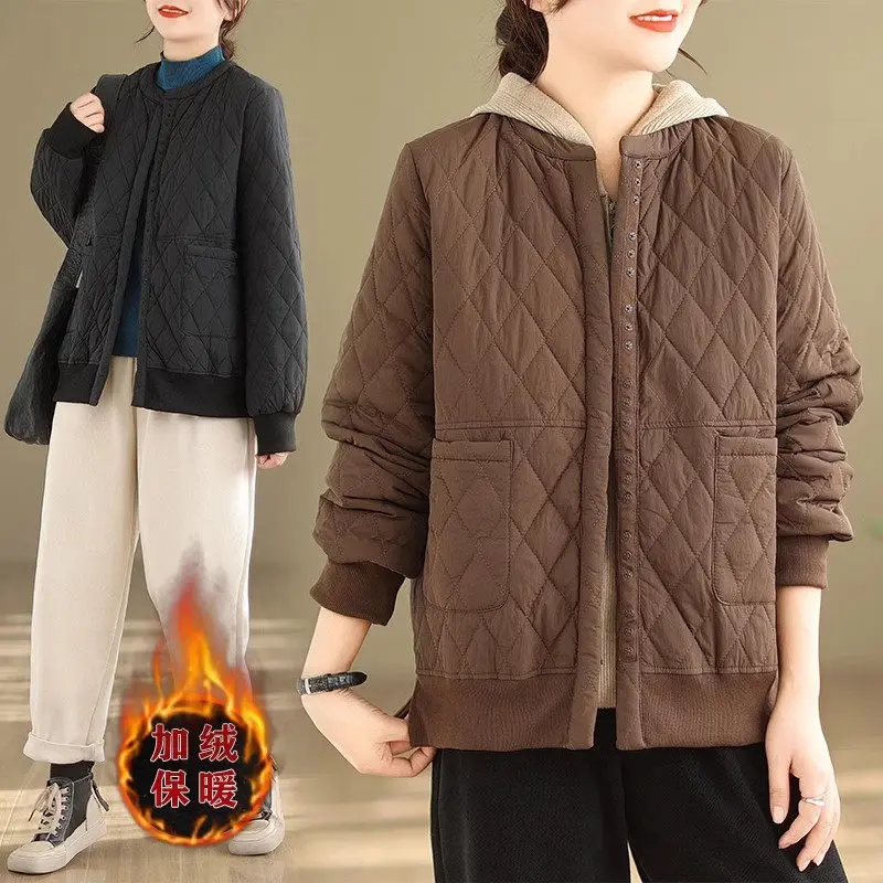 Simple And Fashionable Solid Color Diamond Checkered Cotton Jacket Retro Casual Oversized Women's Long Sleeve Warm Coat Z4508