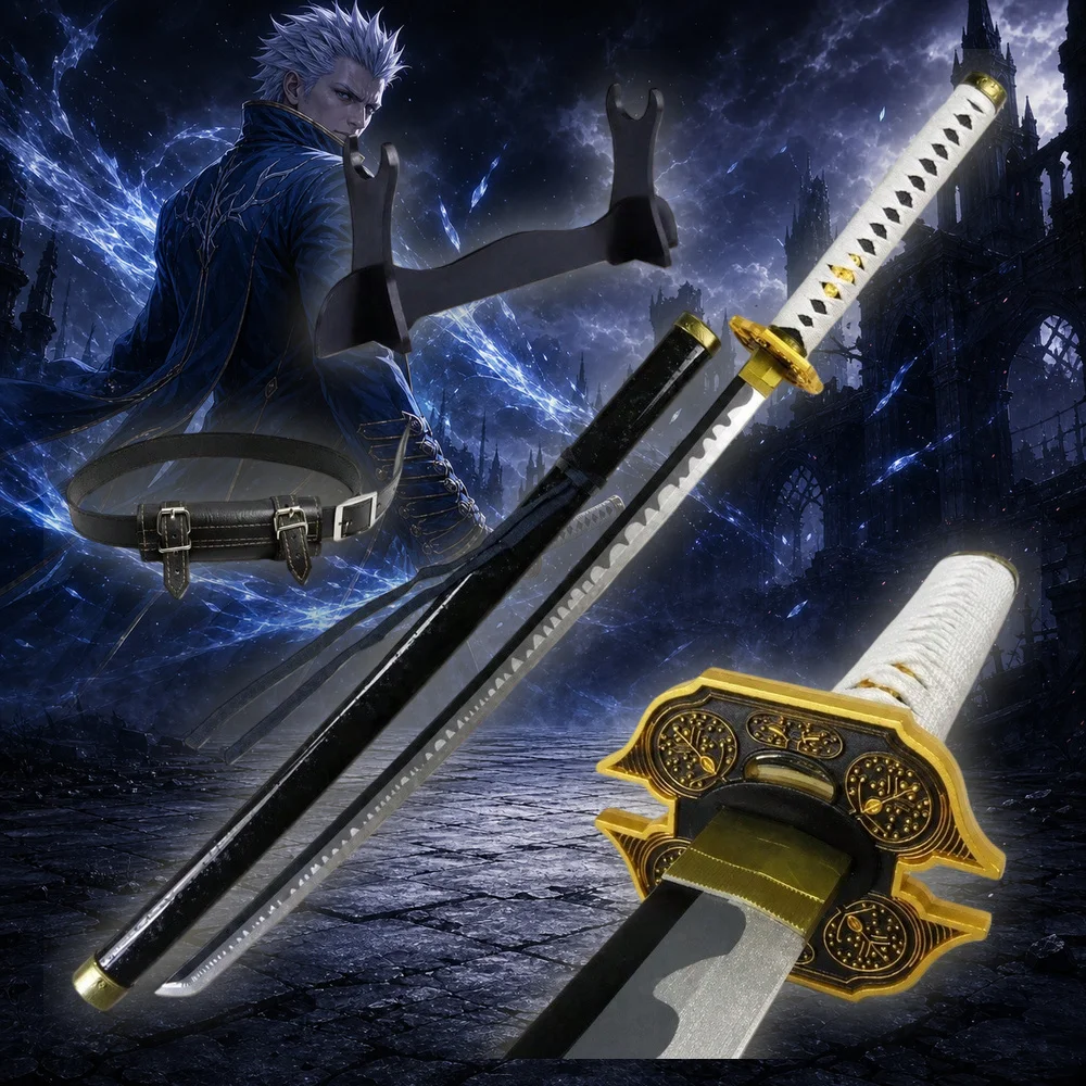 40inch 101cm Katana Sword Devil May Cry Vergil Yamato Wood Bamboo Blade Anime Cosplay Costume Prop Belt Holster Stand Holder Samurai Ninja Katana Wooden Sword Sabre Schwert Manga Game Cosplay Katana Toy Gift Collection Display Set Full Size