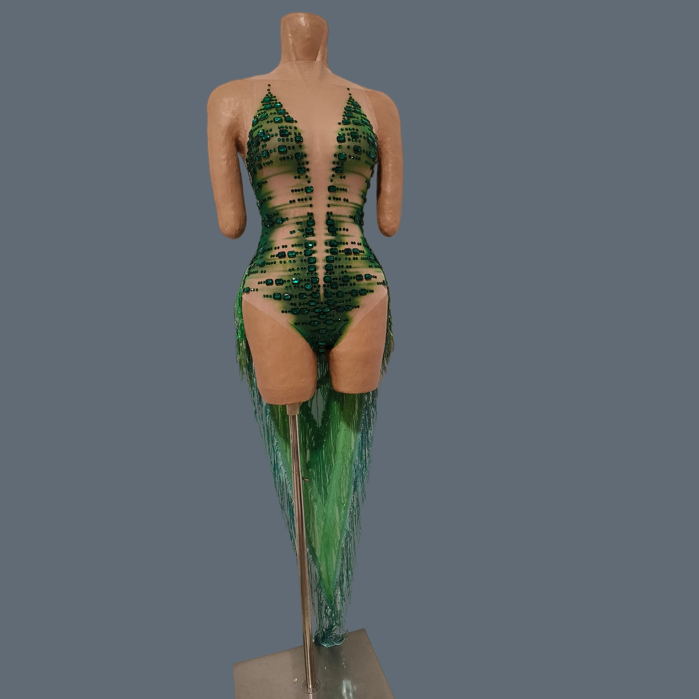 

Green Sparkly Rhinestone Transparent Mesh Bodysuit Women Fringe Trailing Stage Performance Costume Party Event Sexy Wear Zacao