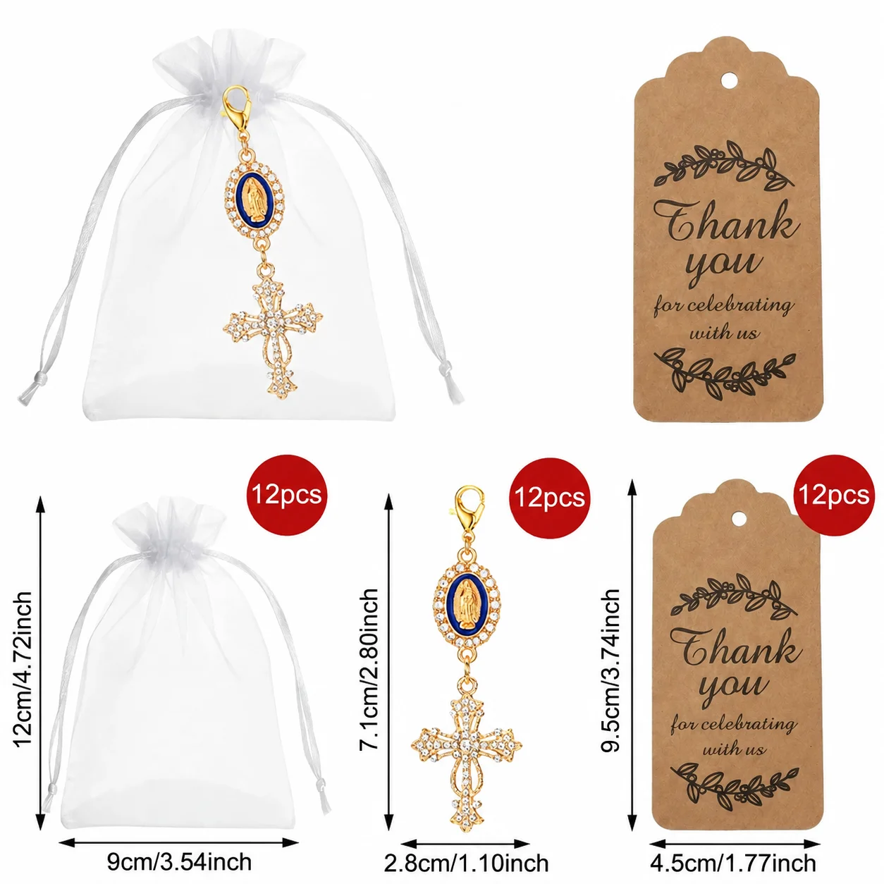 12 Sets Elegant Gold Rhinestone Cross Charm Keychains With Sheer Gift Bags & Kraft Tags - Delicate Keepsake Favors For Baptism,