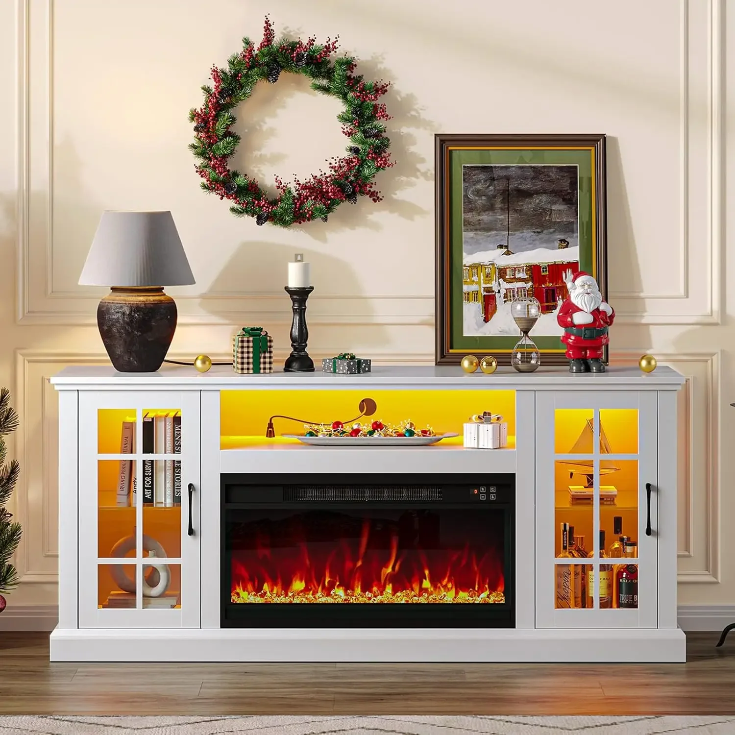 Fireplace TV Stand with Led and Power Outlets, White Entertainment Center with Electric Fireplace for 45/50/55/60/65