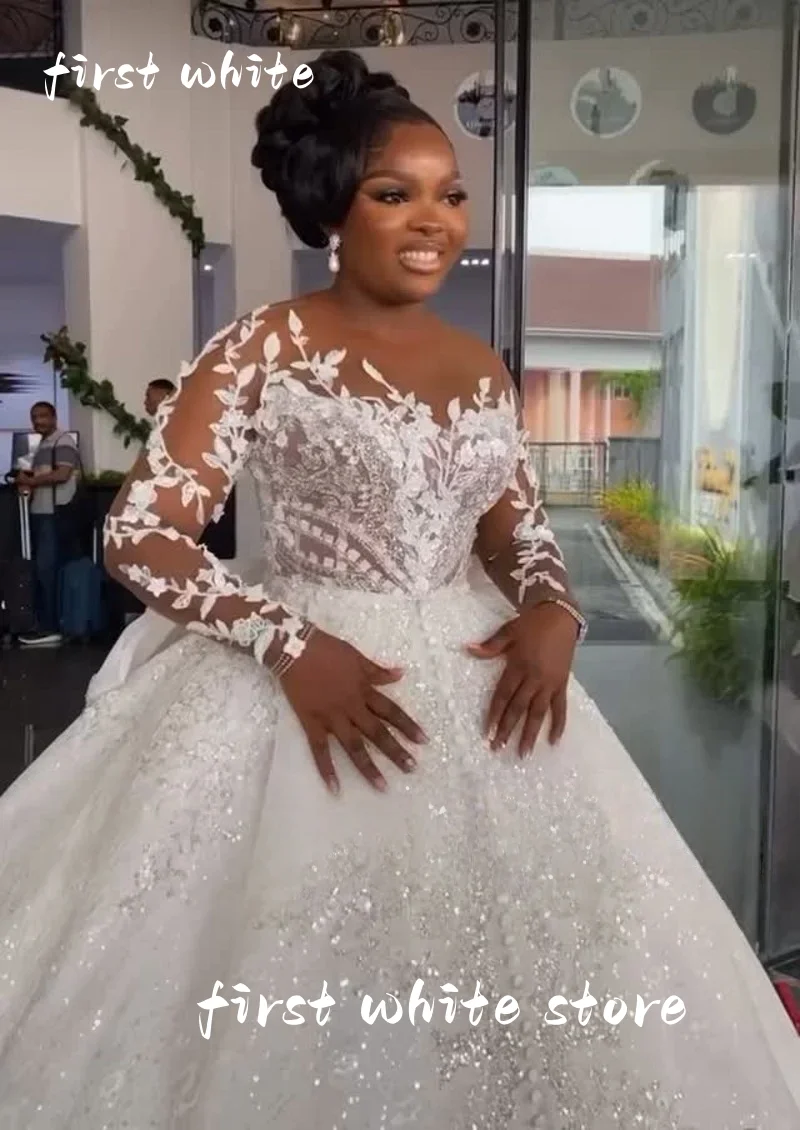 Vestido de baile africano vestidos de casamento para noivas sheer neck rendas vestidos de noiva manga longa miçangas vestido de noiva 2025 personalizado