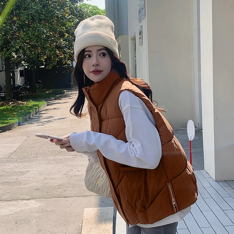 

Korean Style Women's Solid Color Simple Basic Casual Trendy Loose Stand Collar Sleeveless Quilted Vests Female Coats Clothes