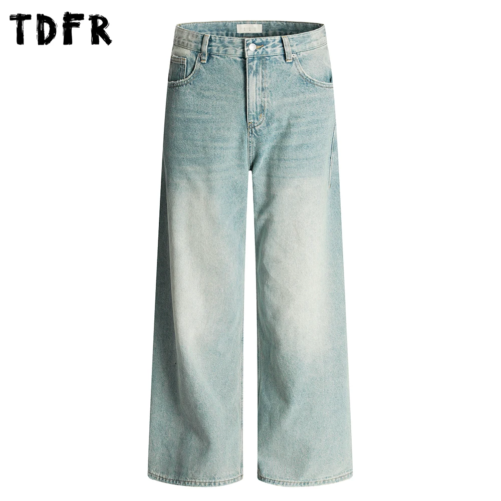 

Ripped Washed Distressed Jeans Mens Retro Streetwear Pocket Loose Straight Wide Leg Blue Denim Pants Men