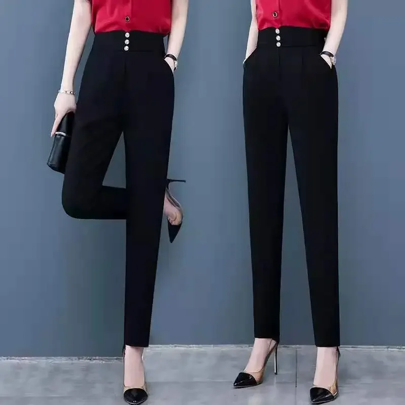 Female Clothing Spring Summer Pants Women Solid Color Pencil Button Pockets Elastic Waist Elegant Fashion Vintage Trousers