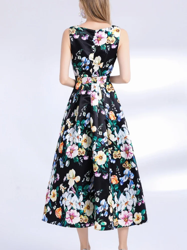 SMTHMA New Summer Women Print O-Neck Sleeveless Casual Long Dress Fashion Slim Fit Beach Party Evening Wear Runway Dresses