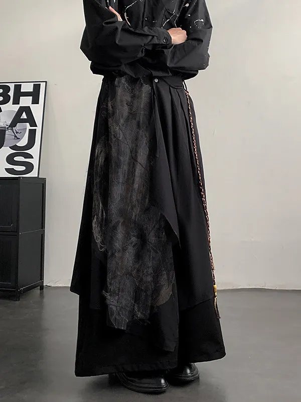 

Новые китайские широкие брюки-юбка для мужчин с дизайнерским принтом, в стиле ретро, многослойные, имитация двух предметов