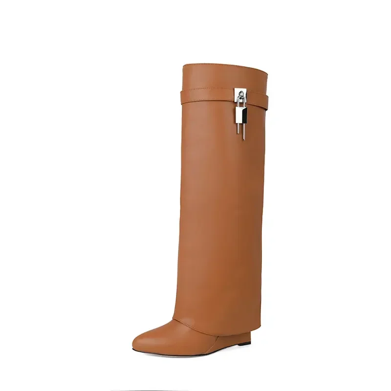 European and American Fashion Wedge Heel Knee Length Sleeve Shark Buckle Long Boots for Women, All Season Round Toe Skirt Boots