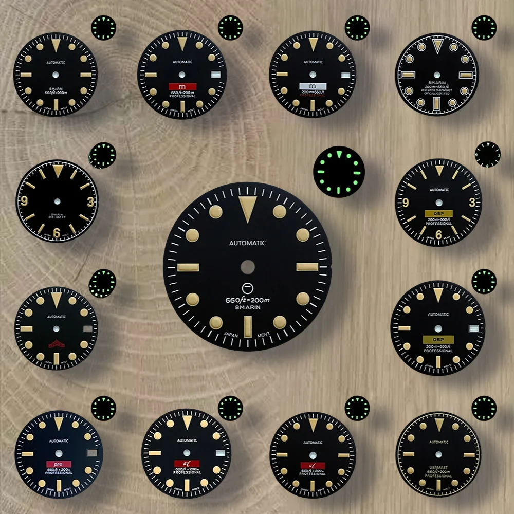 28.5mm Retro SUB Dial S Logo NH35 Dial Fit 3/3.8/4.2 O'clock Crown Green Luminous Watches Accessories For NH35/NH36 Movement