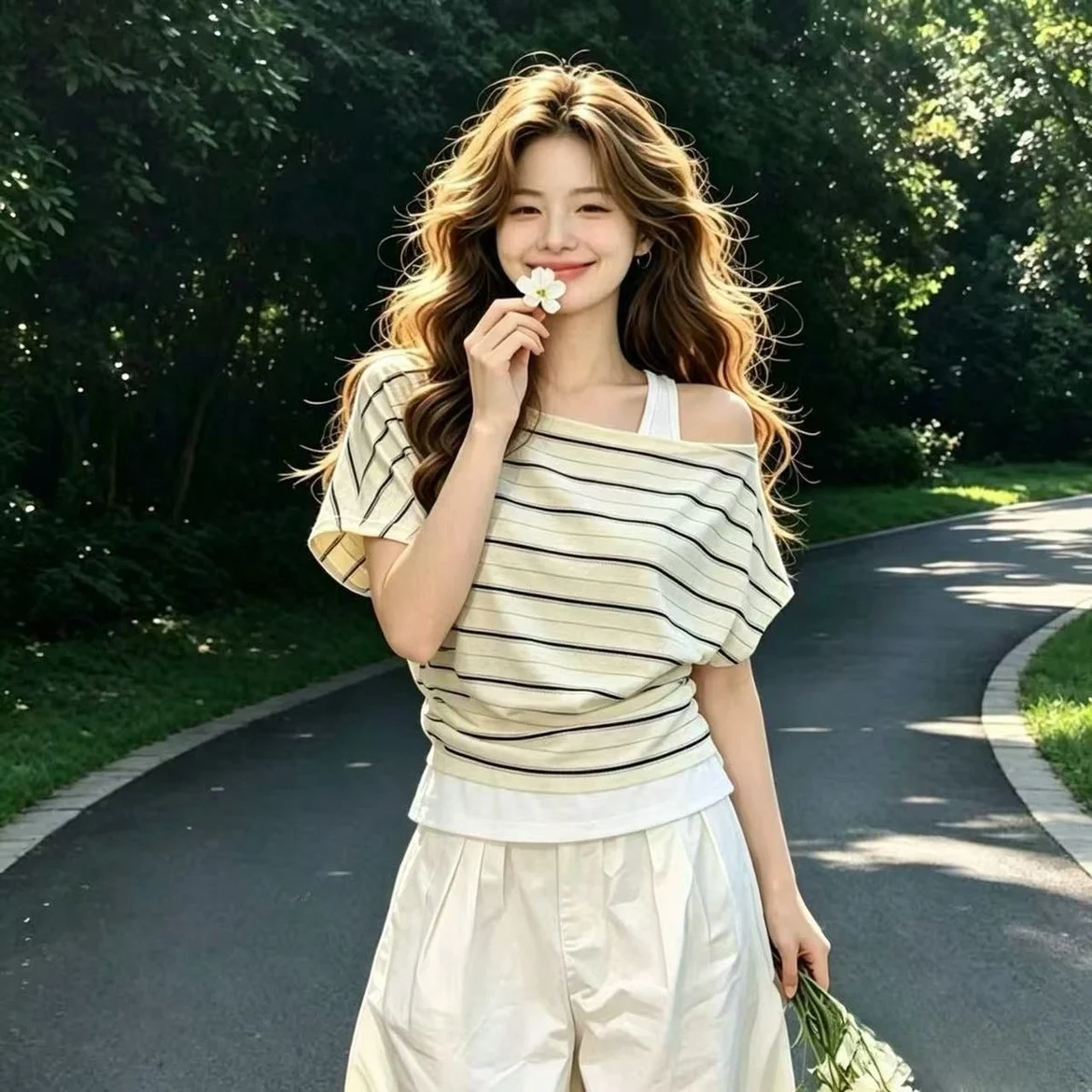 Korean Design Sense Fake Two-Piece Hanging Neck Short-Sleeve Reducing Collar T-Shirt Women Summer Waist-Cinching Slimming Ver...