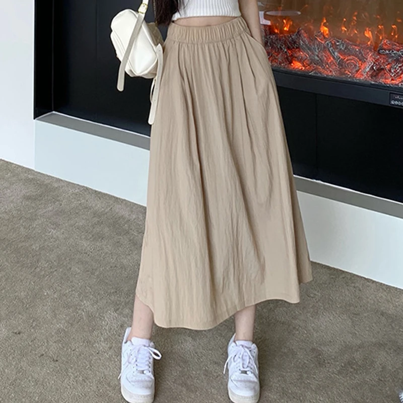 Vintage Folds Women Long Skirts Summer Thin Elastic High Waist Pockets Pleated Skirt 2025 Casual All-Match A-Line Solid Skirts