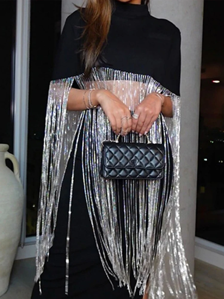 

Модный блестящий пуловер с кисточками, женский элегантный однотонный воротник-стойка, вечерние топы, повседневная свободная накидка на молнии, клубные топы