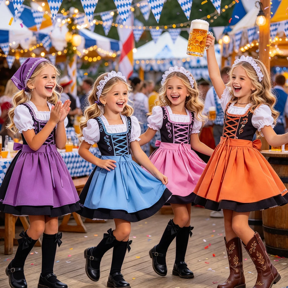 Girls Oktoberfest Dirndl Costume Bavarian Style Dress with Apron Kids German Beer Festival Dress Set Christmas Lolita Clothing