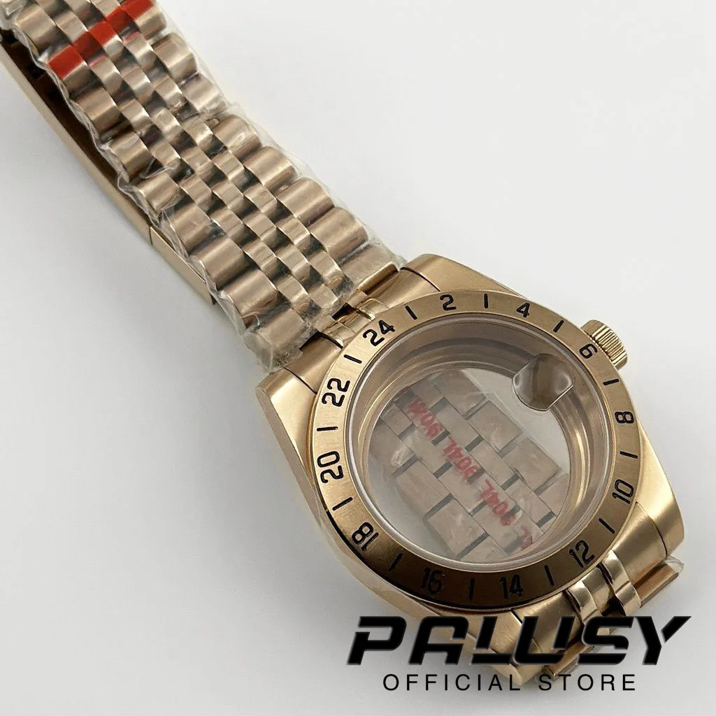 로즈 골드 익스플로러 사파이어 글래스 시계 케이스, GMT 고정 베젤 솔리드 글라이드 잠금 걸쇠, ETA2824 케이스, 24 시간, 39mm, NH34, NH35, NH36