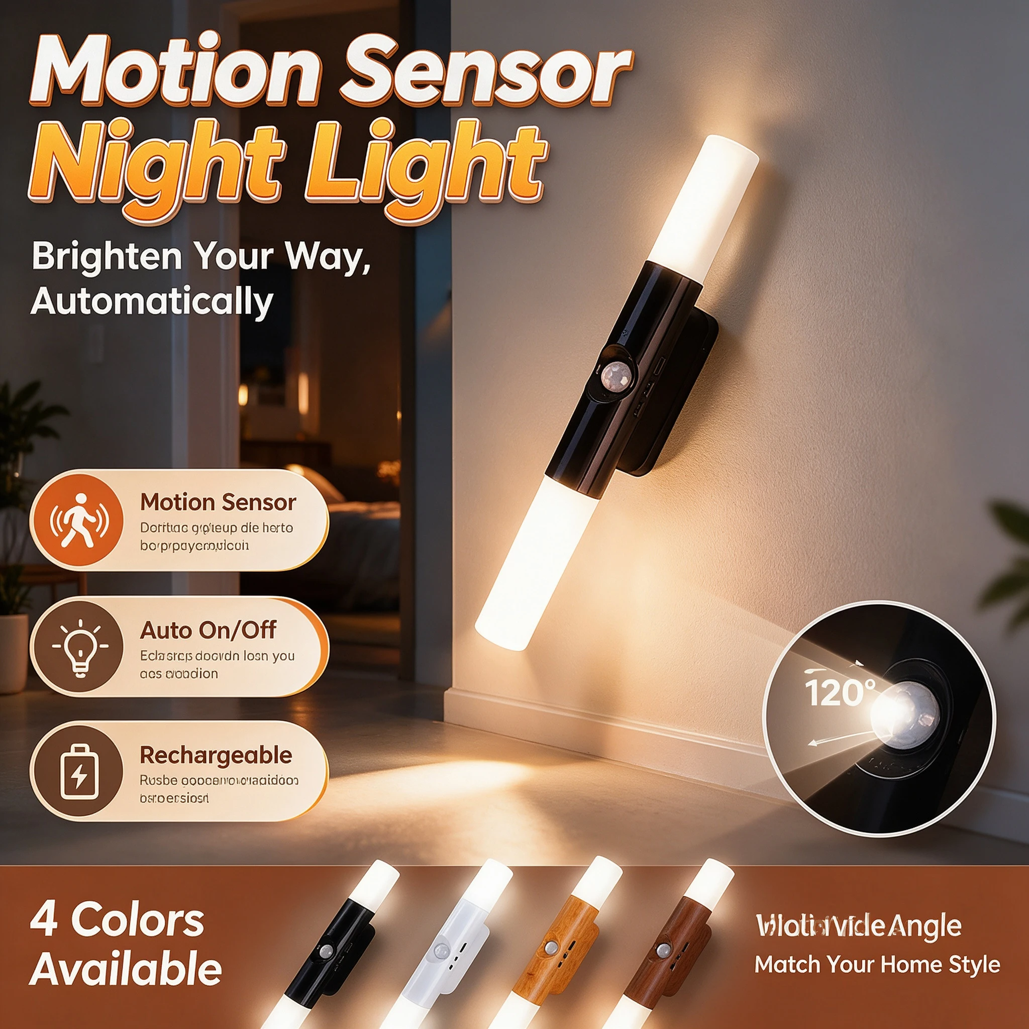 Rechargeable Human Body Induction Night Light Bedroom Bedside Lamp Wall Light LED Auto On Off Sensor Light Set