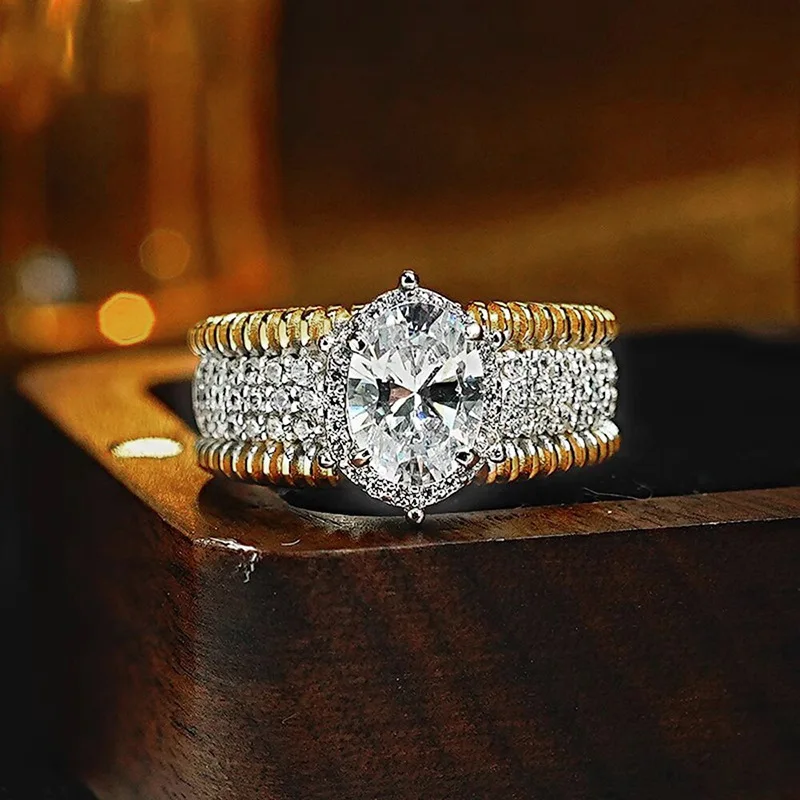 Anillo Brillante con Incrustaciones de Circonio y Borde Metálico de Doble Color Europeo y Americano, Joyería Francesa de Estilo Urbano Old Money para Mujer